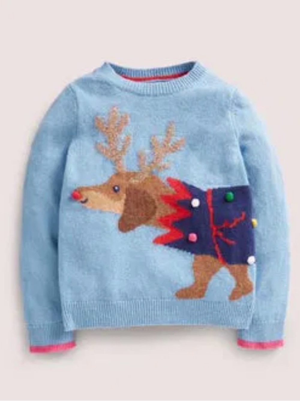 Mini Boden Light Blue Reindeer Pom-Pom Sweater